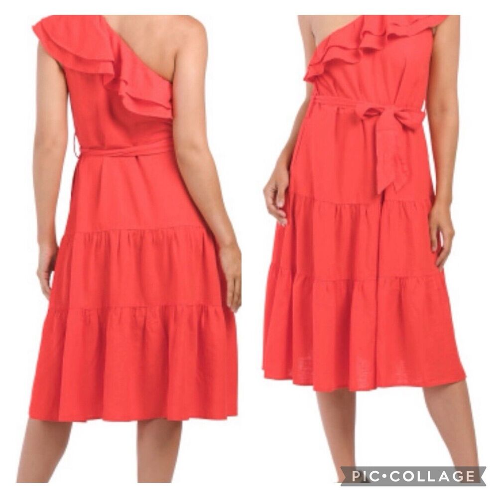 NEW NICOLE MILLER Red One Shoulder Fit N Flare Dress Women’s Size Small NEW